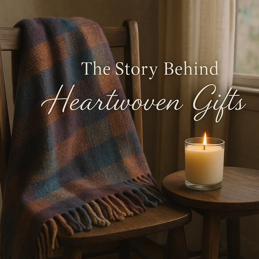Cozy candlelit scene with a woven blanket and the text “The Story Behind Heartwoven Gifts”