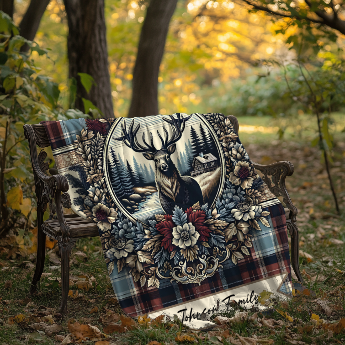Personalized Buck Plaid Blanket – Custom Name Rustic Velveteen Throw