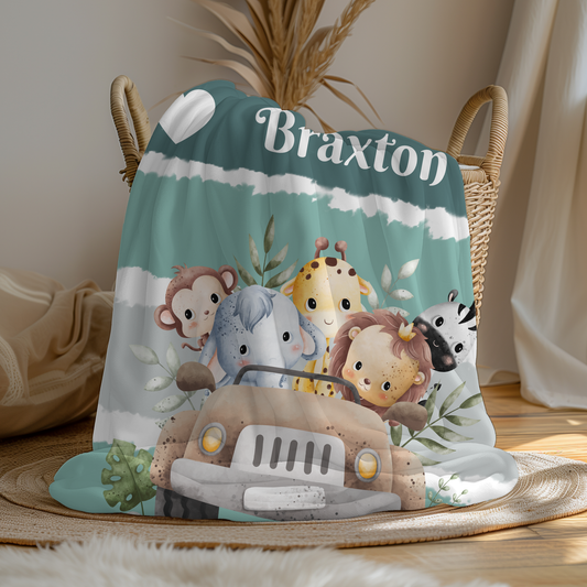 Personalized Safari Jeep Baby Blanket – Teal Jungle Minky Blanket for Boys or Girls