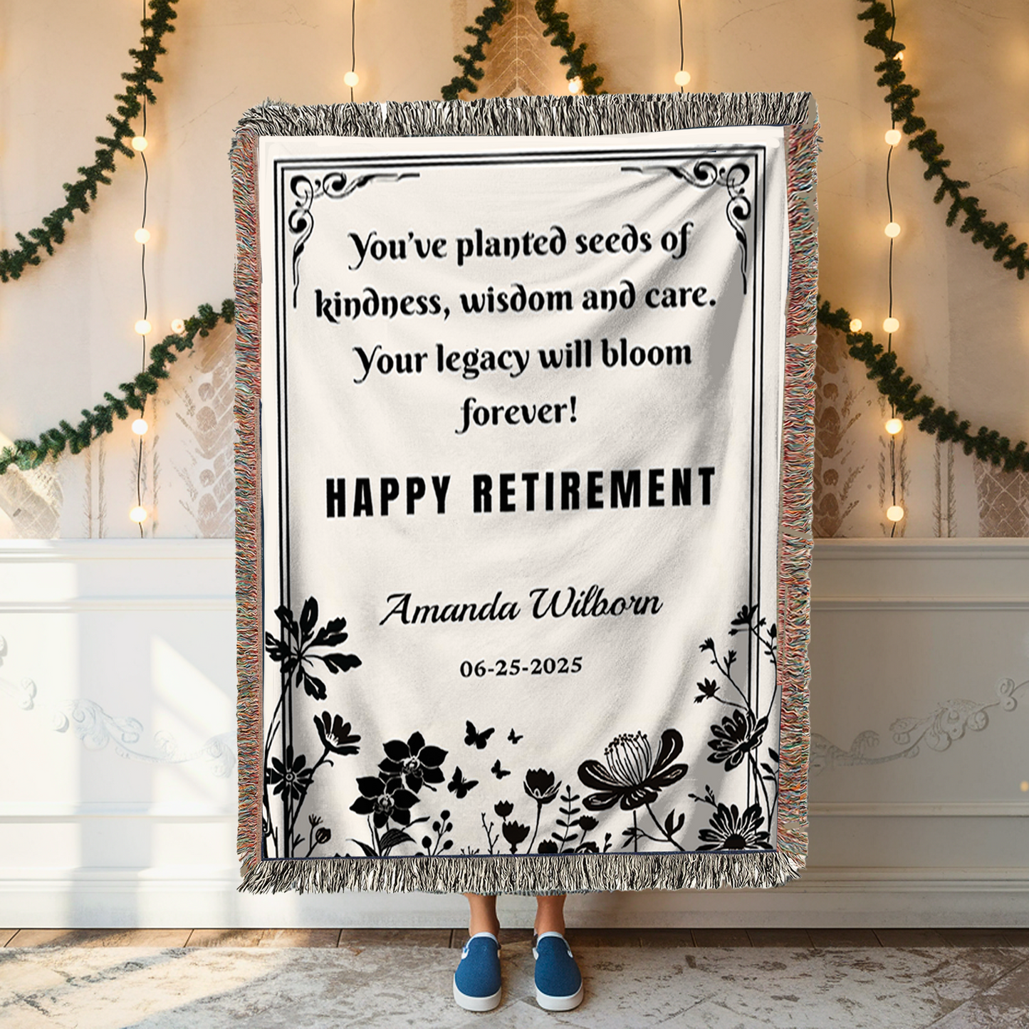 Personalized Retirement Woven Blanket – Floral Silhouette, “Legacy Will Bloom Forever”
