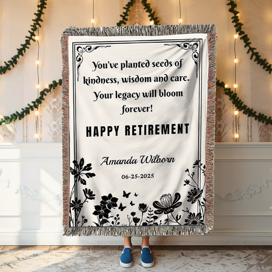 Personalized Retirement Woven Blanket – Floral Silhouette, “Legacy Will Bloom Forever”