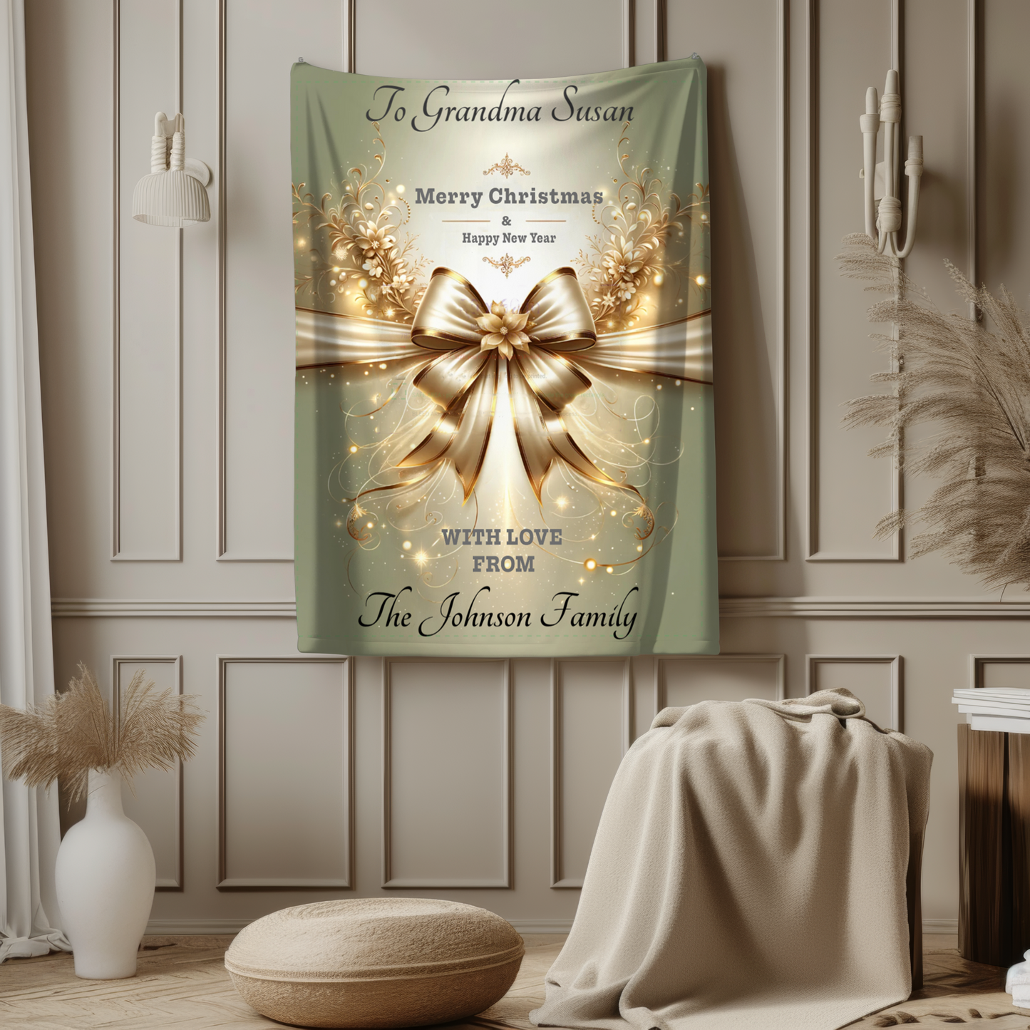 Personalized Christmas Blanket – Elegant Gold Bow Velveteen Throw, Custom Name Gift