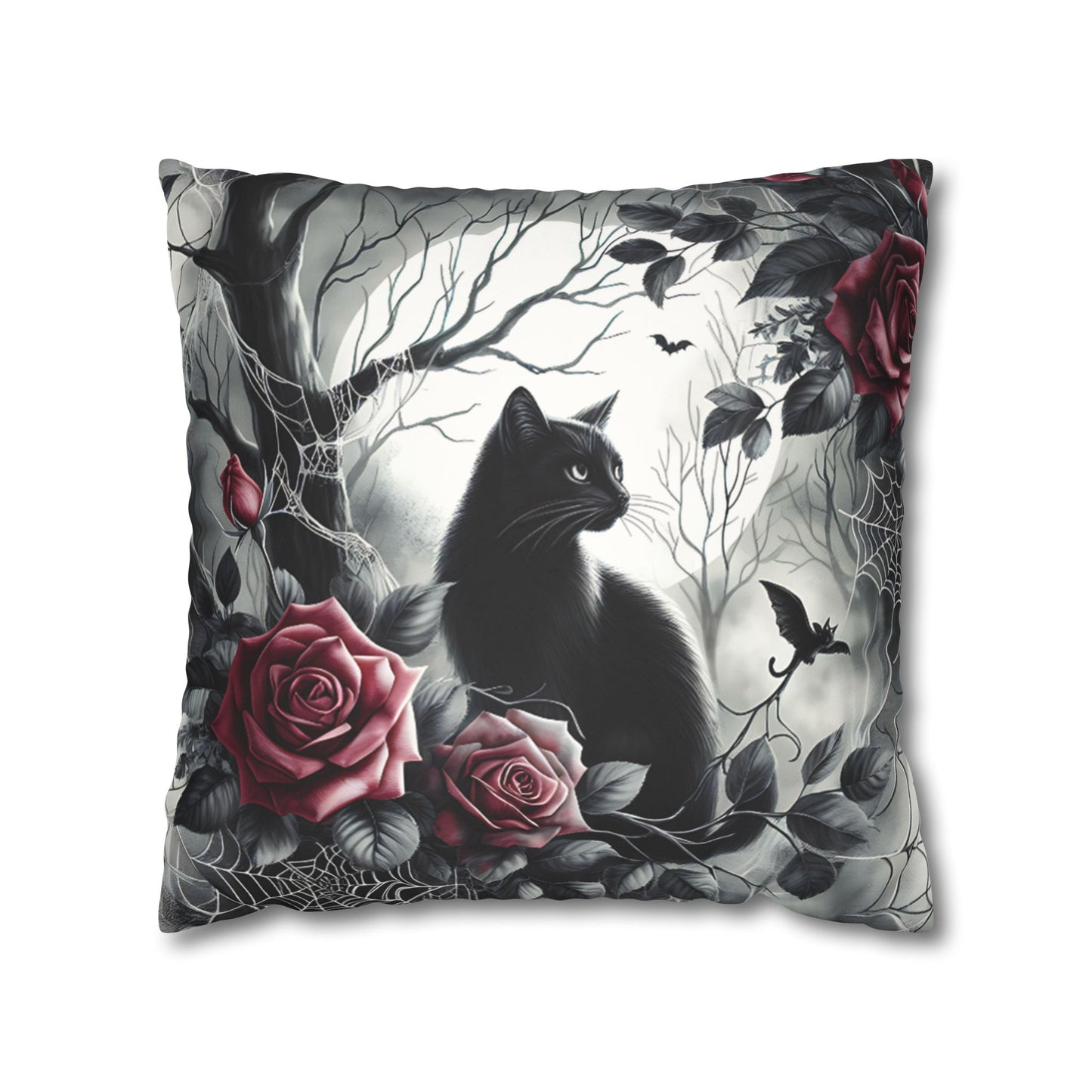Gothic Black Cat & Roses Pillow Cover — Moonlit Faux Suede Throw Pillowcase