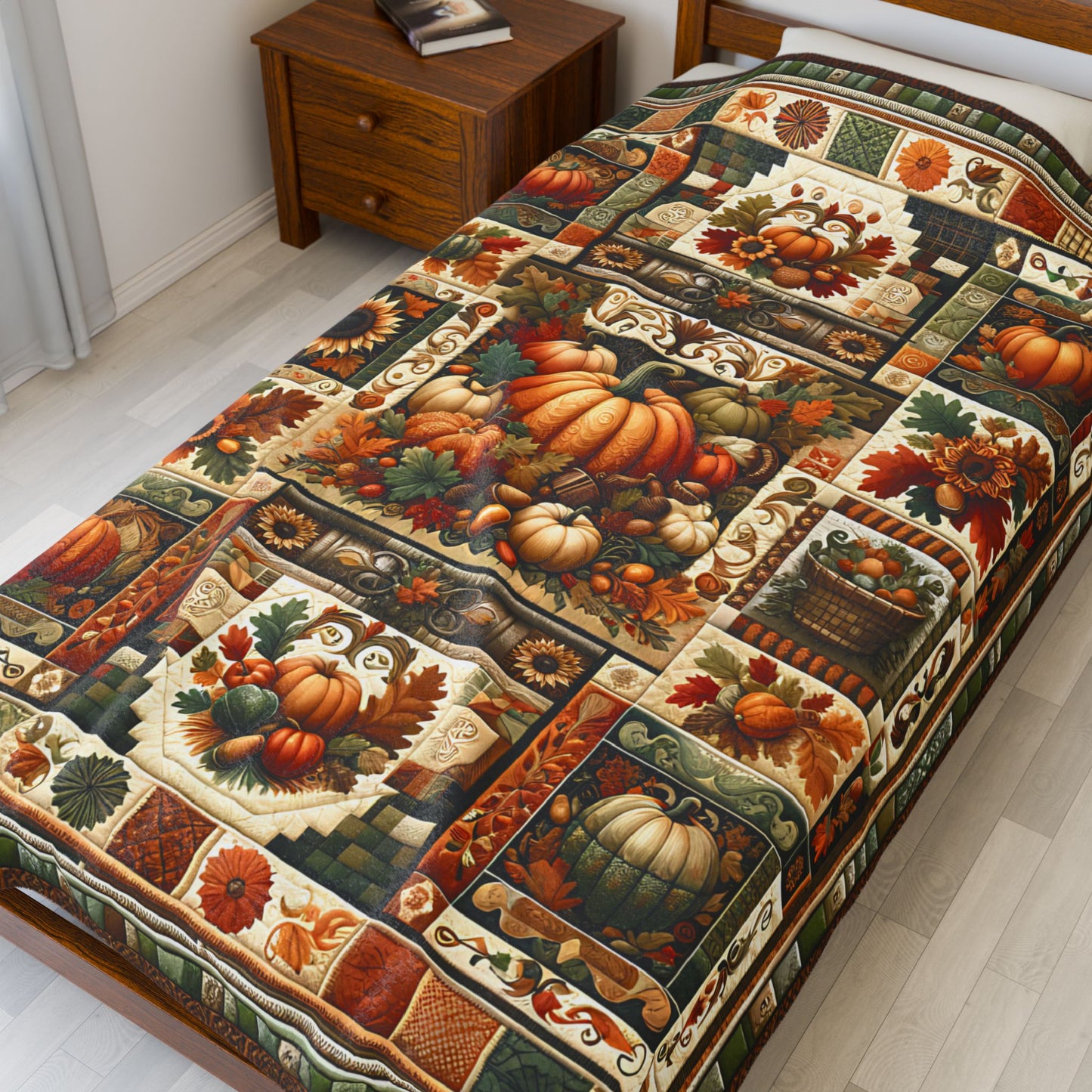 Harvest Patchwork Blanket Gift for Mom, Cozy Autumn Throw with Pumpkins, Sunflowers & Fall Leaves, Rustic Farmhouse Quilt Look, Host Gift