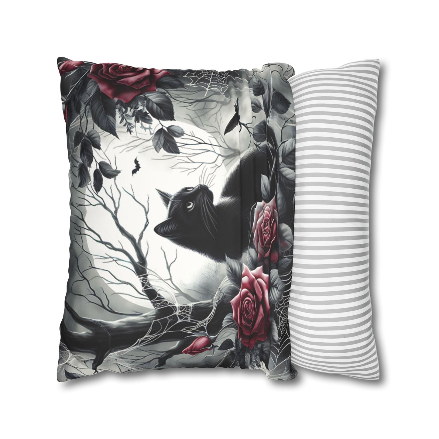 Gothic Black Cat & Roses Pillow Cover — Moonlit Faux Suede Throw Pillowcase