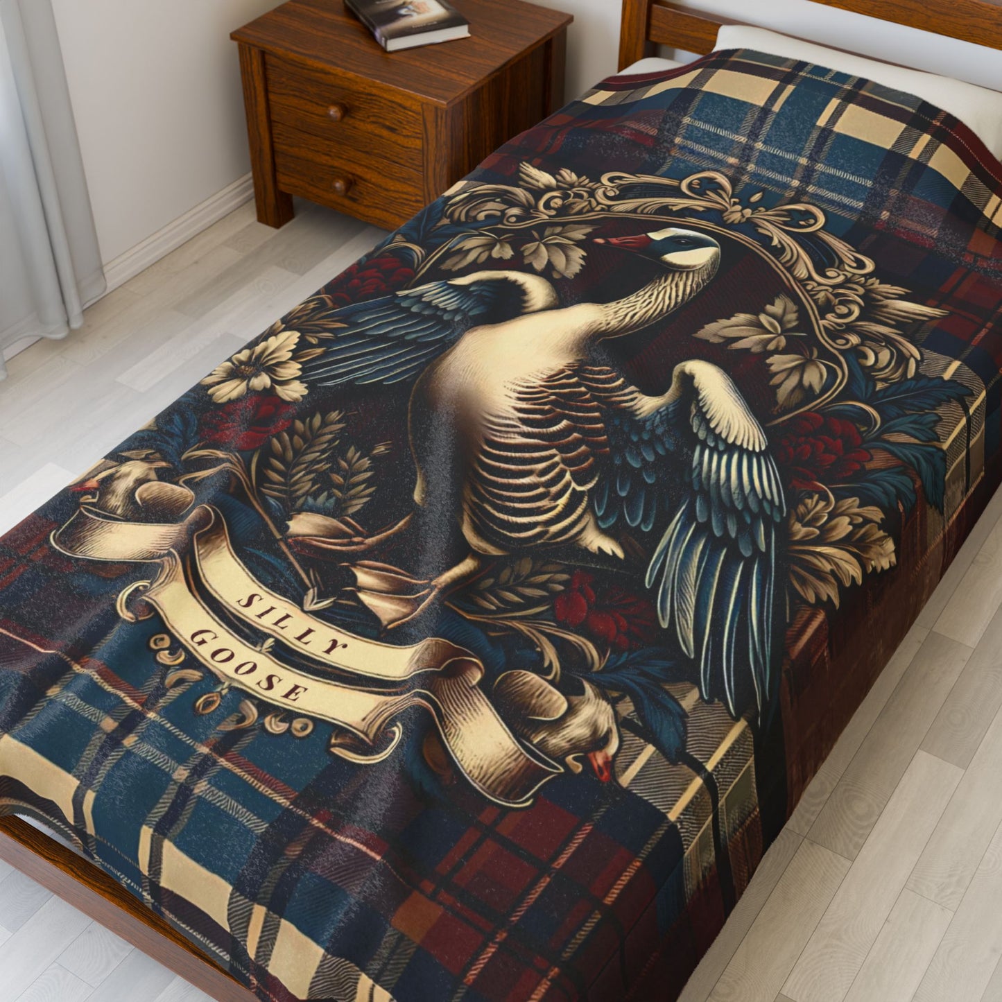 Silly Goose Blanket – Rustic Plaid Farmhouse Throw with Vintage Goose Design