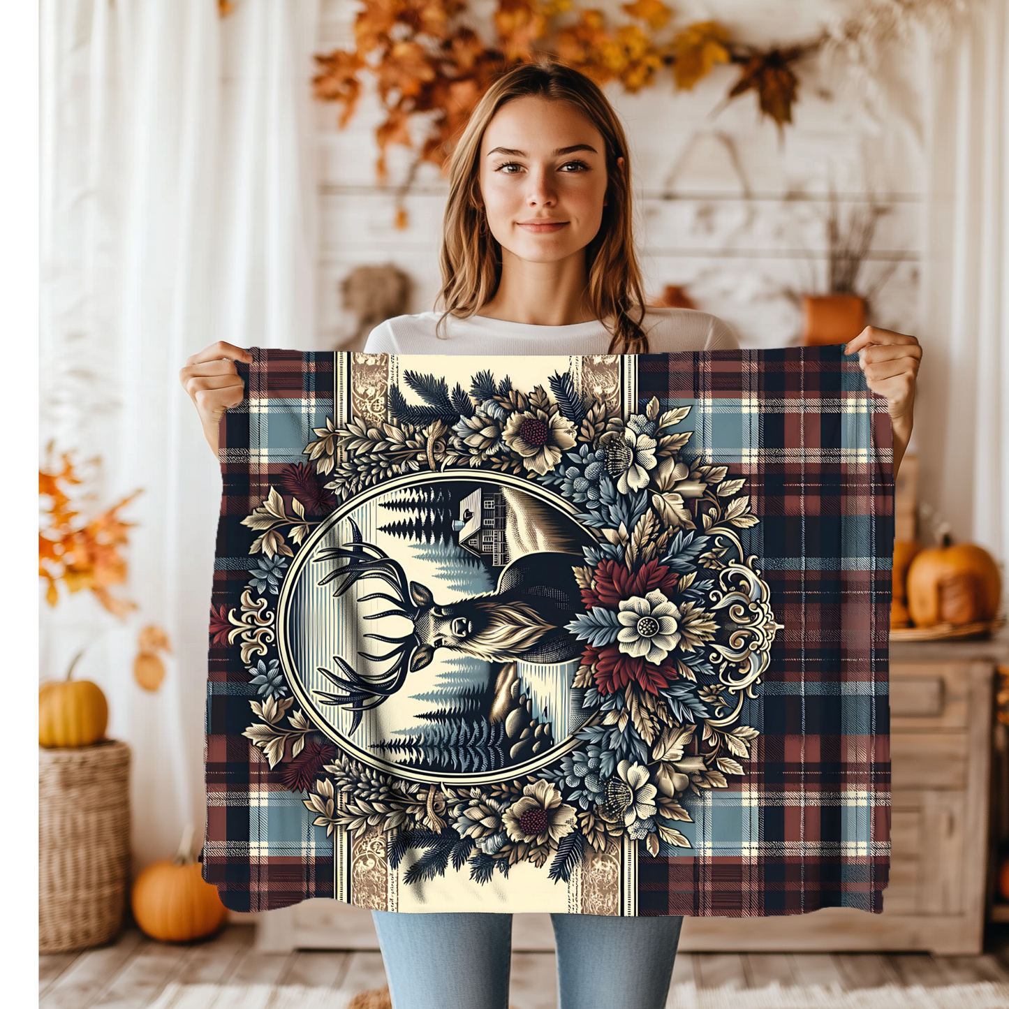Rustic Plaid Deer Blanket – Cozy Cabin-Inspired Velveteen Throw, 50x60