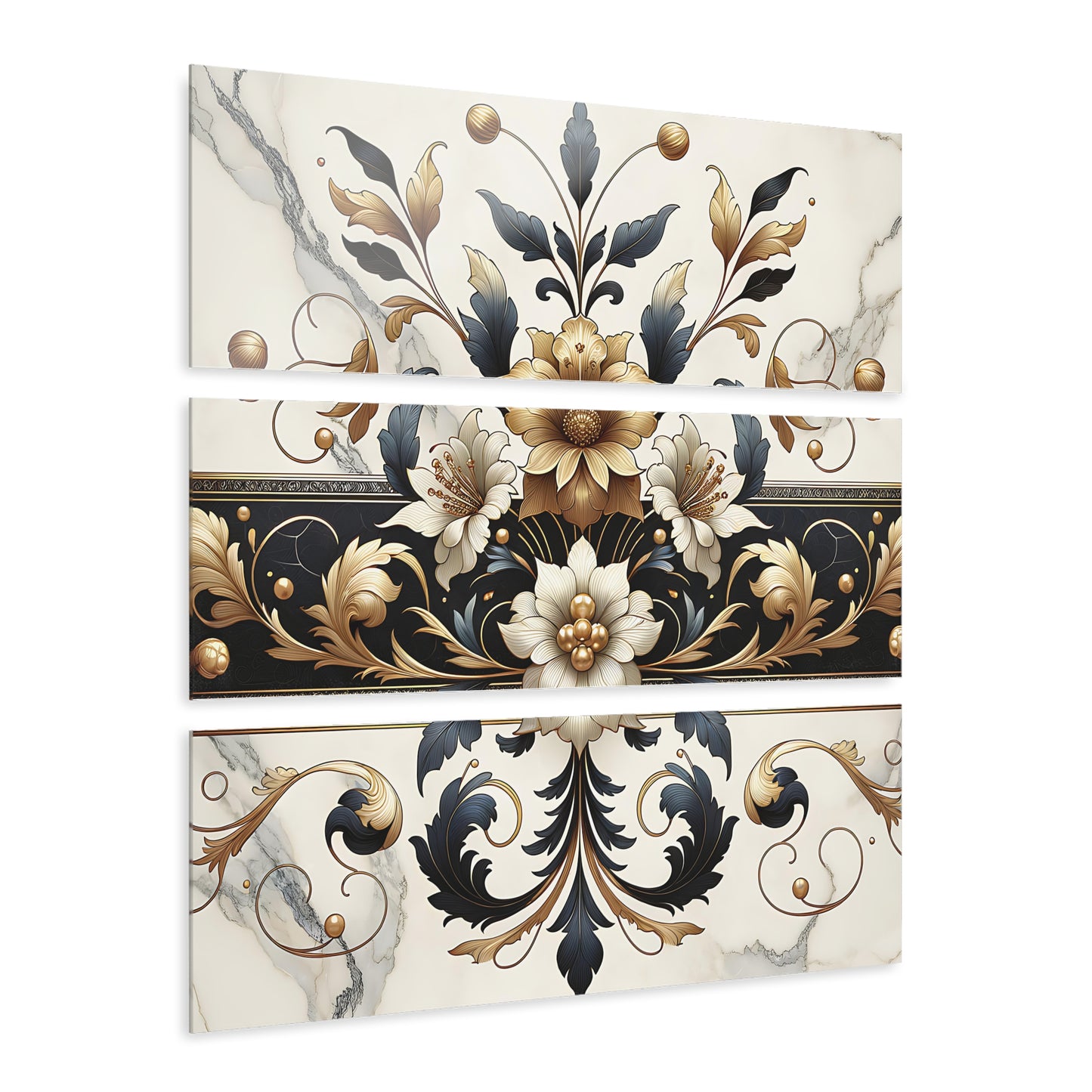 Gilded Reverie – One-of-a-Kind Baroque Floral Wall Art in Black, Gold & Marble | Collector’s Edition