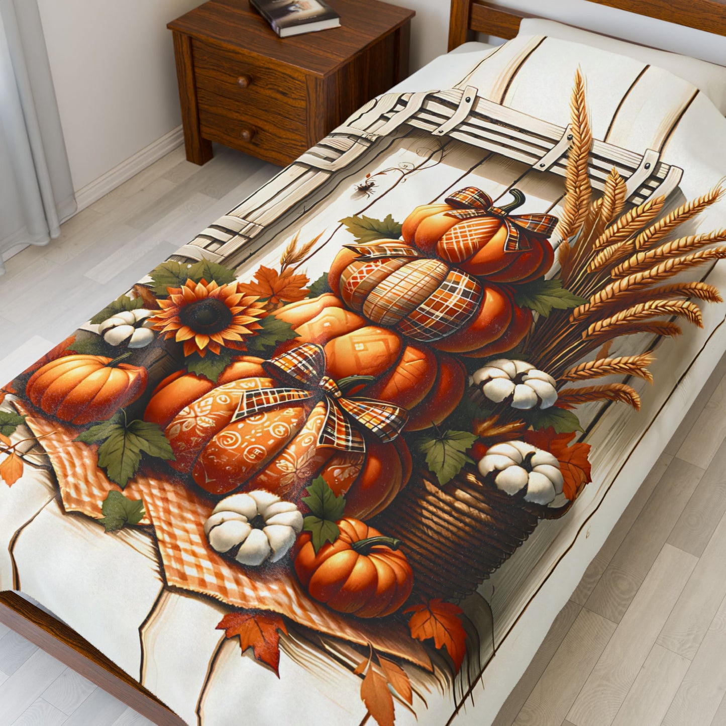 Farmhouse Fall Pumpkin & Sunflower Blanket - Cozy Velveteen Throw (50x60 or 60x80)