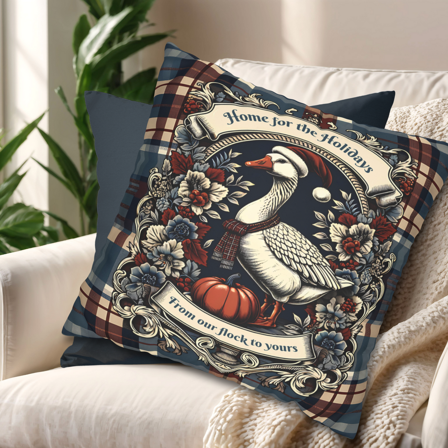 Home for the Holidays Goose Pillow Cover - Farmhouse Christmas Plaid Cushion with “From Our Flock to Yours”