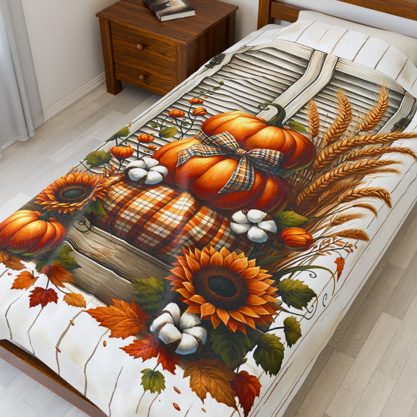 Rustic Autumn Pumpkin & Sunflower Blanket - Cozy Fall Velveteen Throw (50x60 or 60x80)