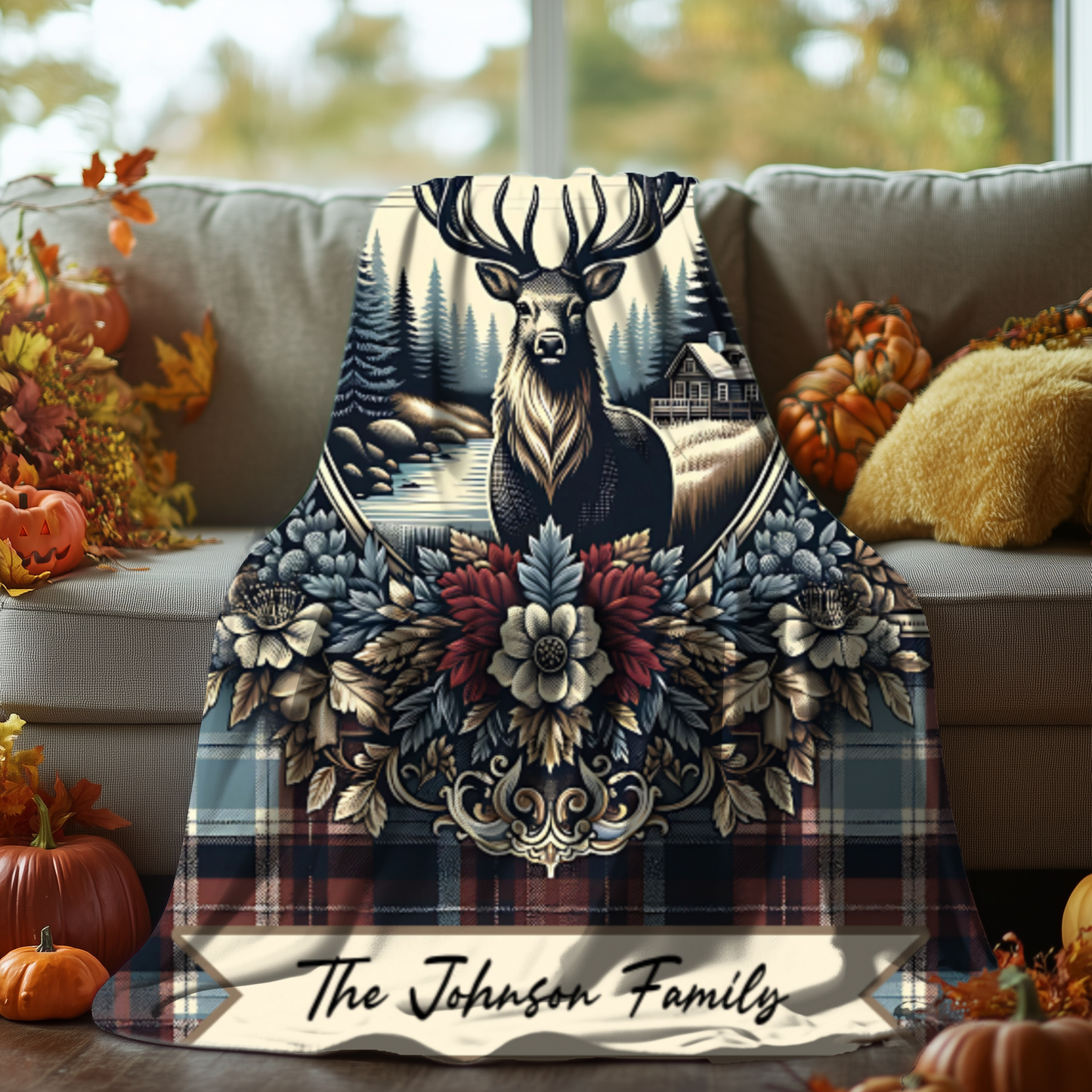 Personalized Buck Plaid Blanket – Custom Name Rustic Velveteen Throw