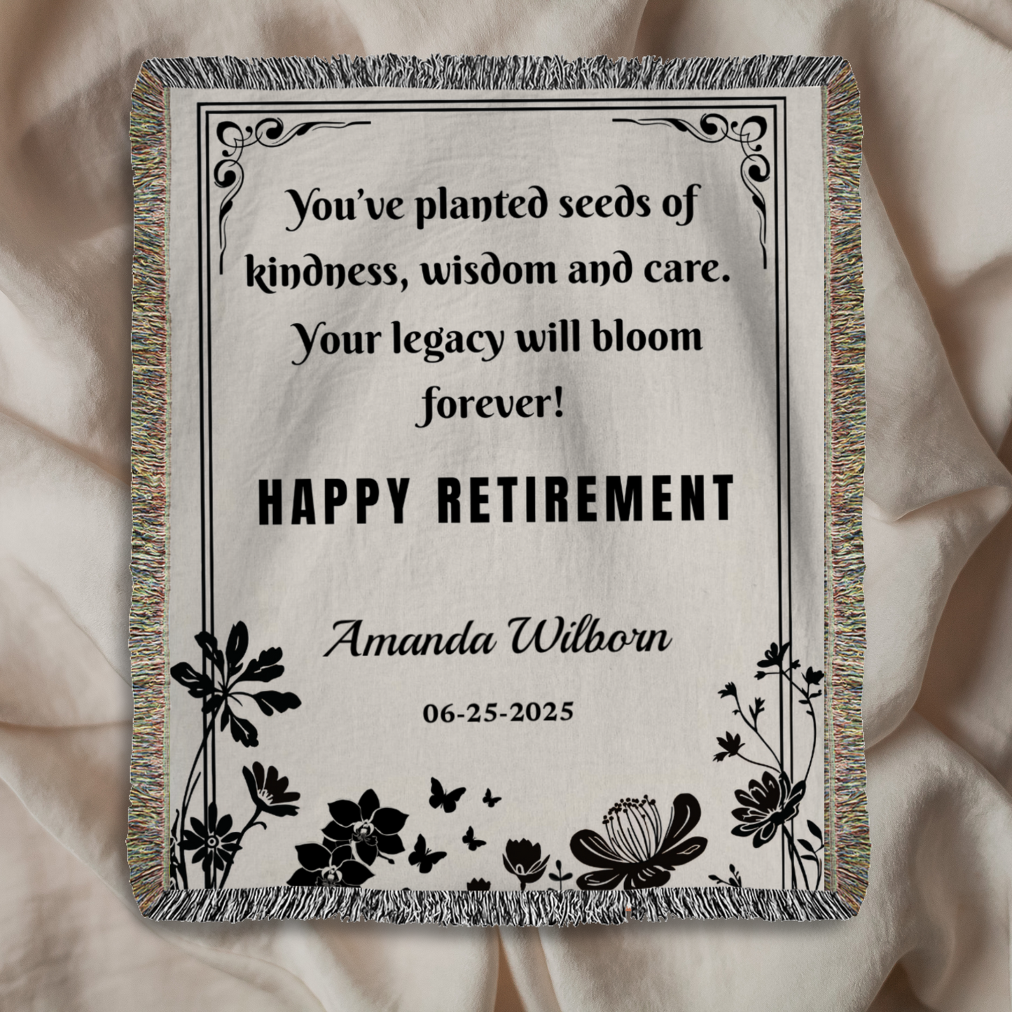 Personalized Retirement Woven Blanket – Floral Silhouette, “Legacy Will Bloom Forever”