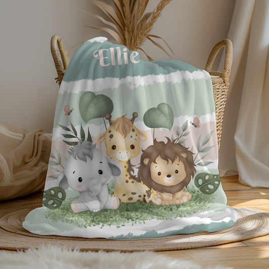 Personalized Jungle Baby Blanket – Custom Name Safari Blanket in Soft Green Tones