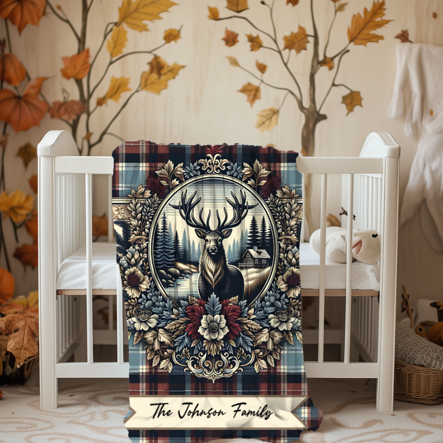 Personalized Buck Plaid Blanket – Custom Name Rustic Velveteen Throw