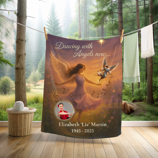 Dancing With Angels Memorial Blanket – Personalized Tribute with Photo & Name – Comforting Bereavement Gift for Loss of Loved One