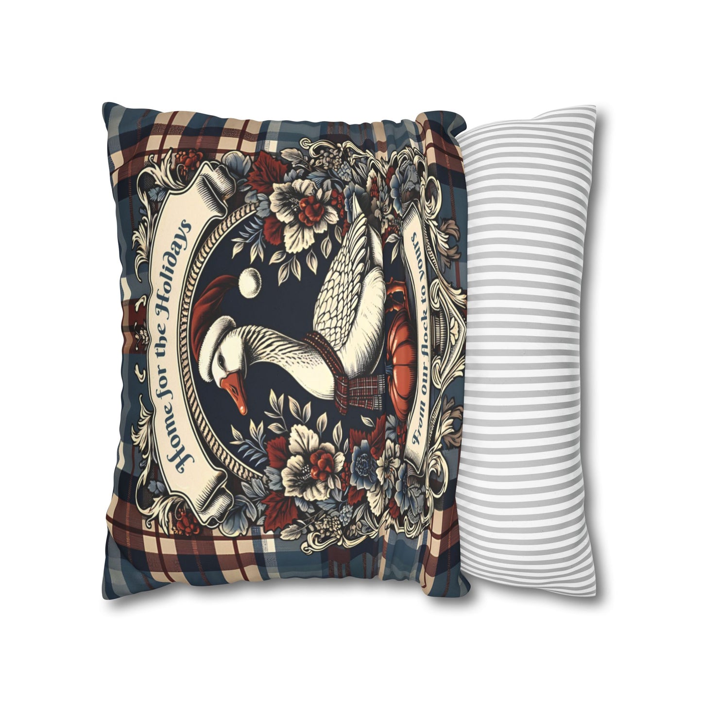 Home for the Holidays Goose Pillow Cover - Farmhouse Christmas Plaid Cushion with “From Our Flock to Yours”