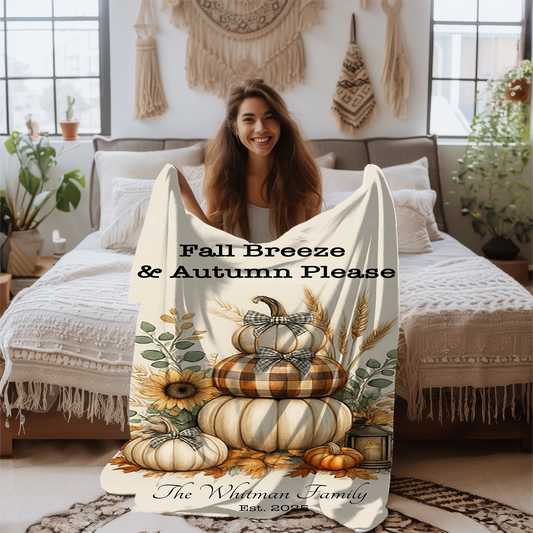 Fall Breeze & Autumn Please | Personalized Velveteen Fall Blanket | Neutral Pumpkin Stack with Family Name – Cozy Fall Decor