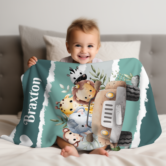 Personalized Safari Jeep Baby Blanket – Teal Jungle Minky Blanket for Boys or Girls