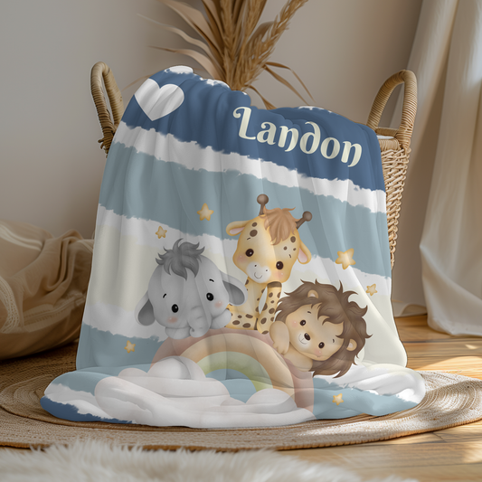 Personalized Safari Baby Blanket – Blue Jungle Animals & Rainbow Minky Blanket for Boys