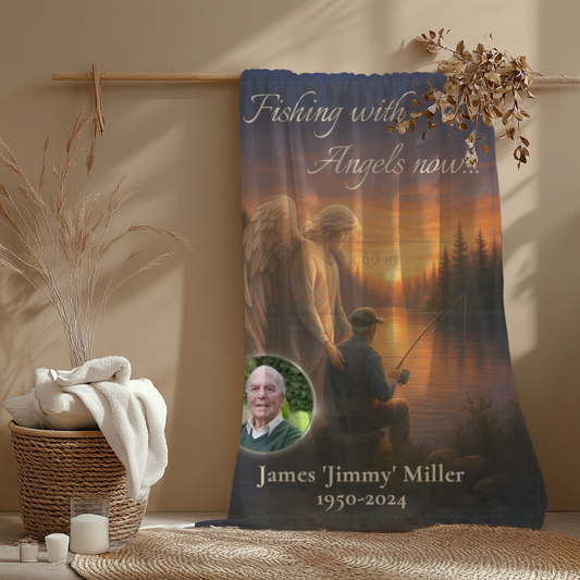 Fishing with Angels Memorial Blanket – Personalized Photo & Name Tribute – Sunset Angel & Fisherman Velveteen Keepsake