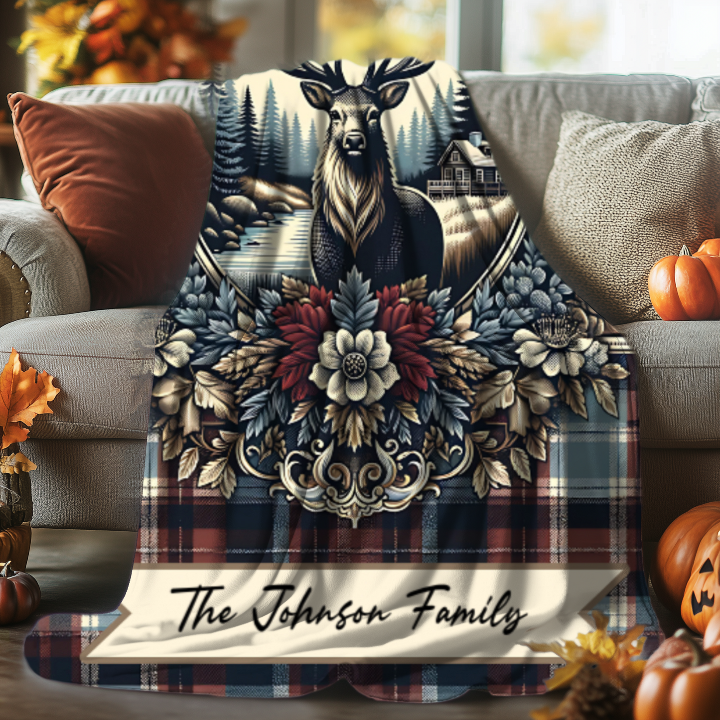 Personalized Buck Plaid Blanket – Custom Name Rustic Velveteen Throw