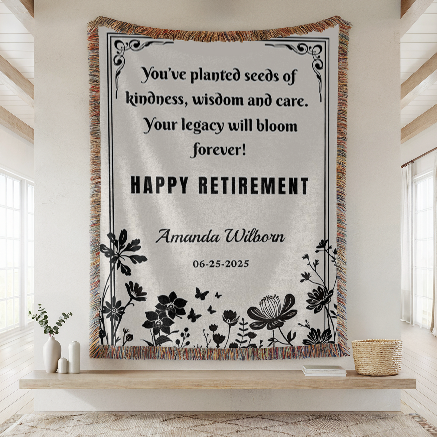 Personalized Retirement Woven Blanket – Floral Silhouette, “Legacy Will Bloom Forever”