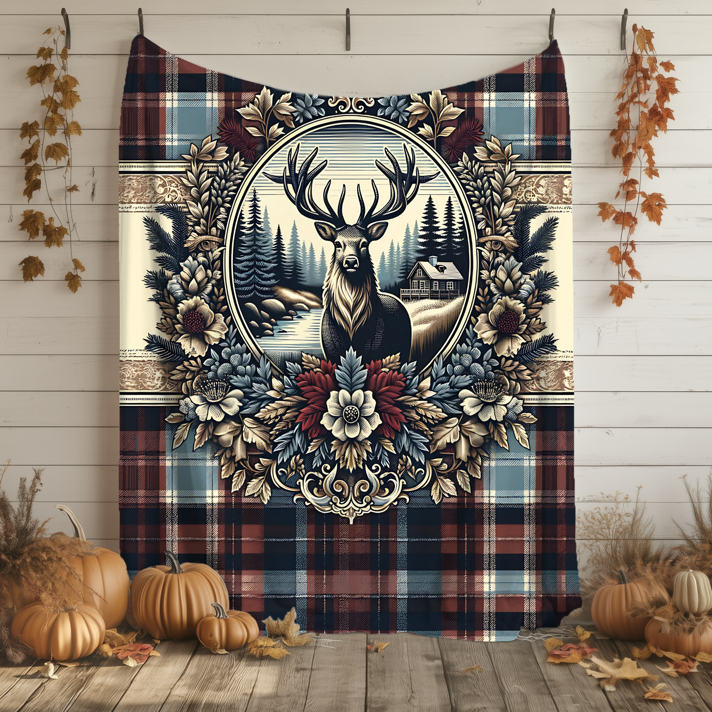 Rustic Plaid Deer Blanket – Cozy Cabin-Inspired Velveteen Throw, 50x60
