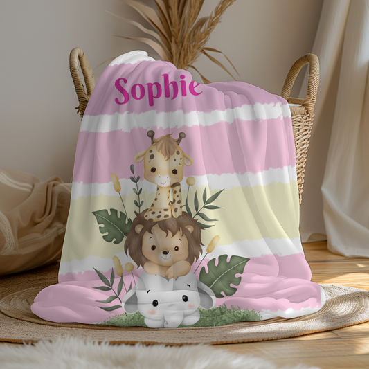 Personalized Pink Jungle Baby Blanket – Custom Name Minky Safari Blanket for Girls