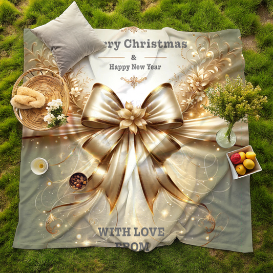 Personalized Christmas Blanket – Elegant Gold Bow Velveteen Throw, Custom Name Gift