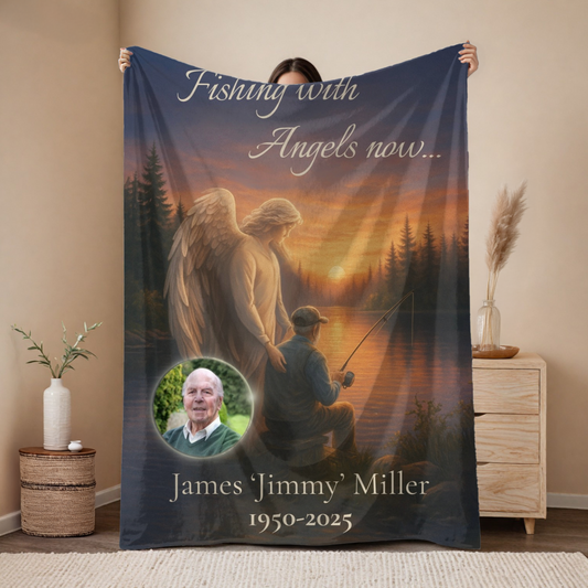 Fishing with Angels Memorial Blanket – Personalized Photo & Name Tribute – Sunset Angel & Fisherman Velveteen Keepsake