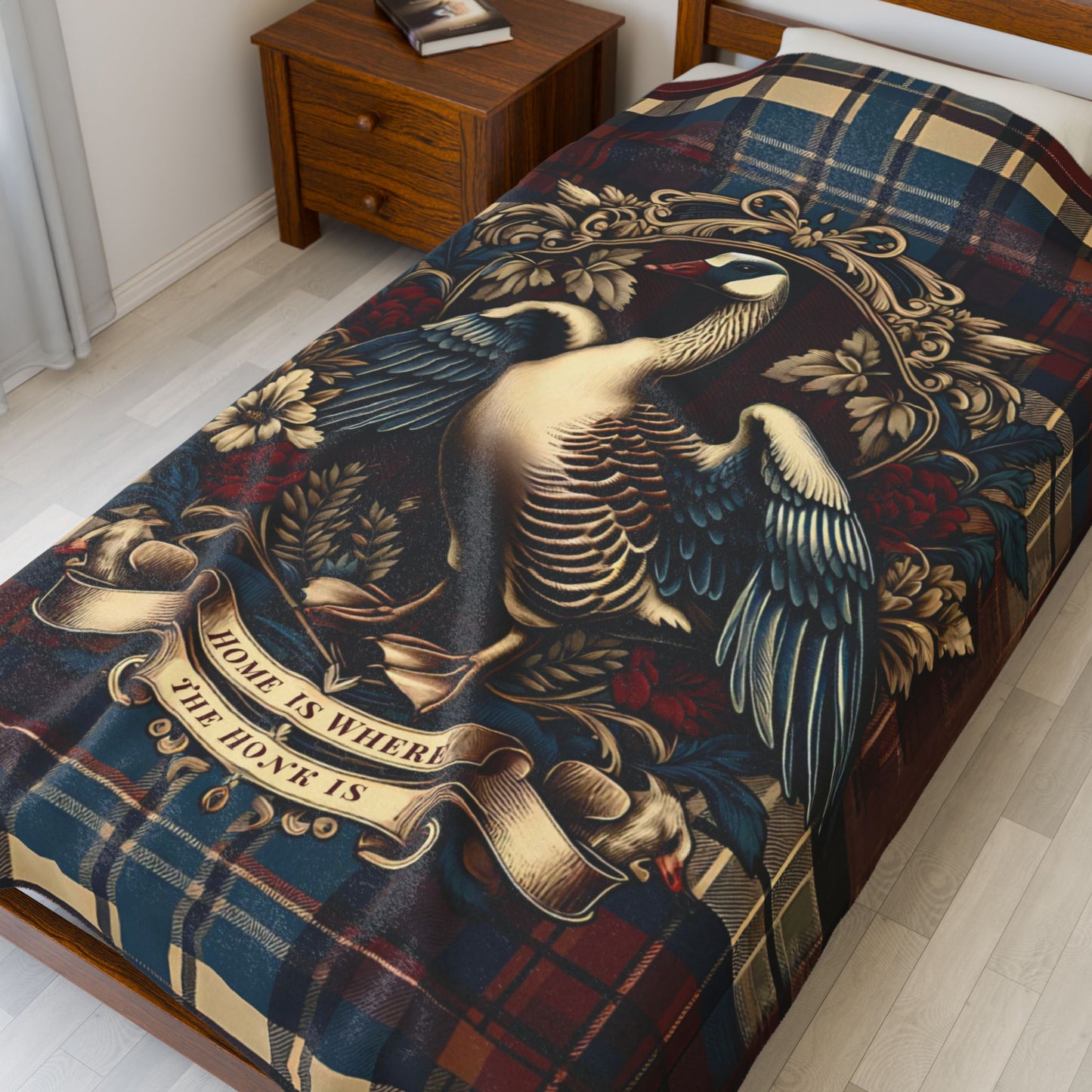 Home is Where the Honk Is Blanket – Rustic Plaid Farmhouse Throw with Vintage Goose Design