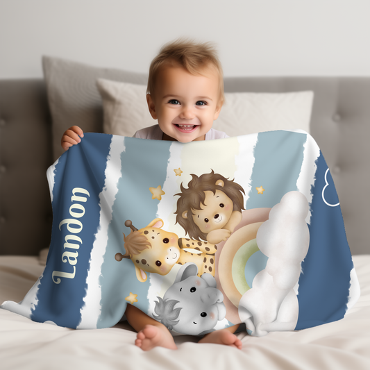 Personalized Safari Baby Blanket – Blue Jungle Animals & Rainbow Minky Blanket for Boys