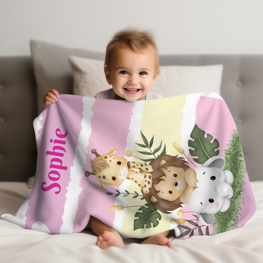Personalized Pink Jungle Baby Blanket – Custom Name Minky Safari Blanket for Girls