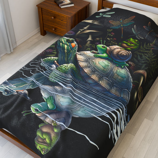 Whimsical Forest Friends Blanket – Turtle, Frog, Snail & Mushroom Scene | Cozy Velveteen Throw for Kids, Nature Lovers & Dreamers