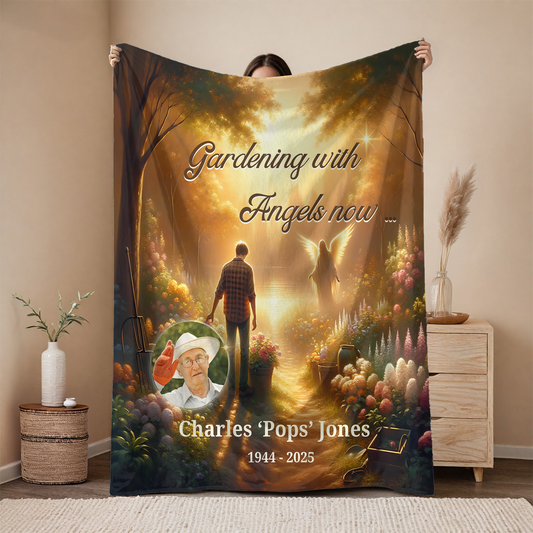 Personalized Memorial Blanket – Gardening with Angels Now – Loss of Father or Grandfather – Custom Photo Tribute Gift