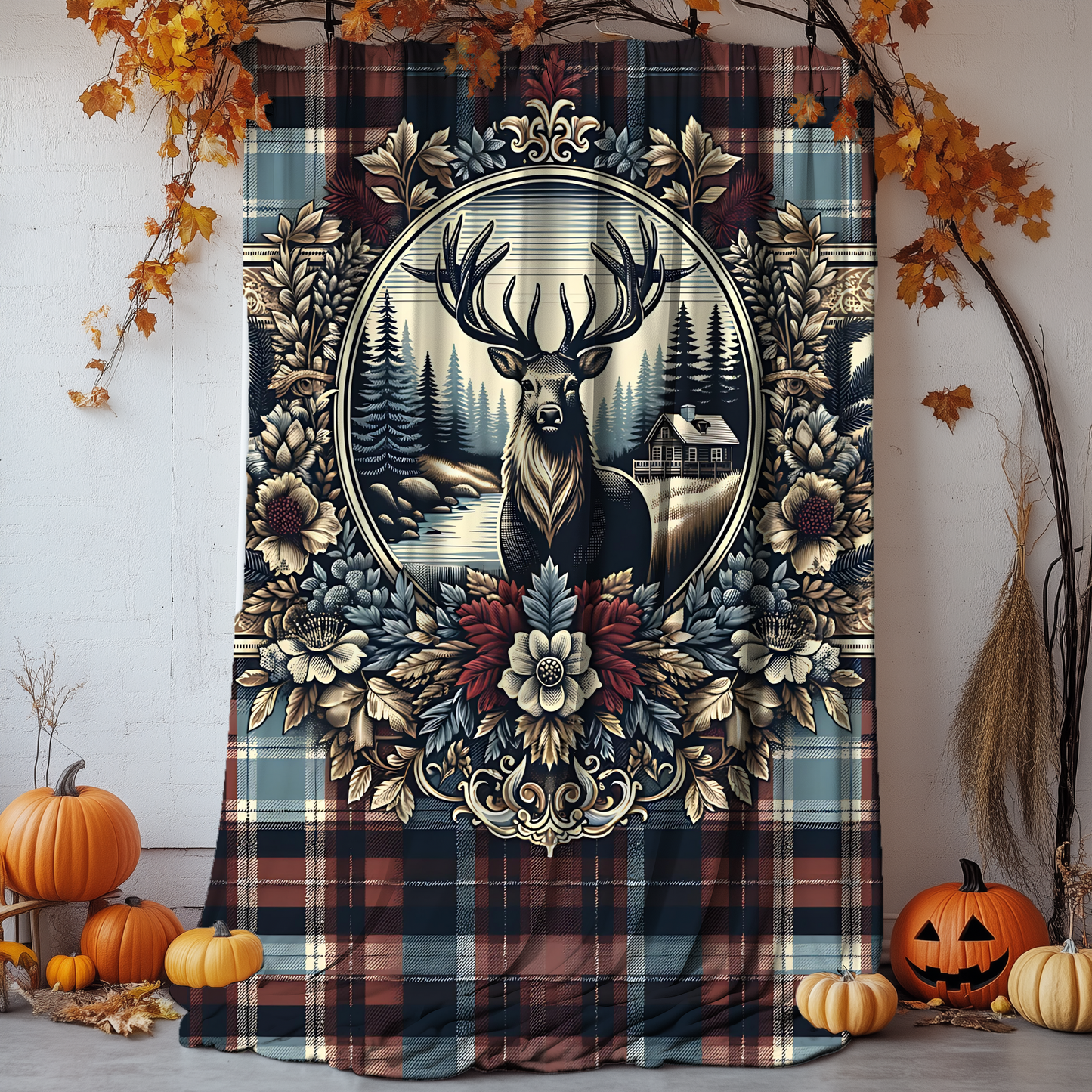 Rustic Plaid Deer Blanket – Cozy Cabin-Inspired Velveteen Throw, 50x60