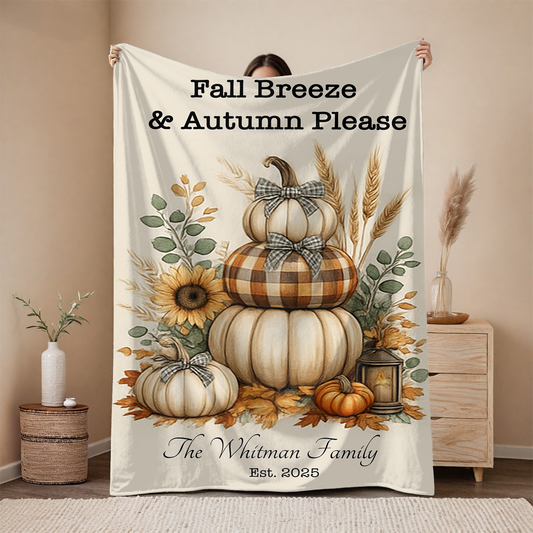 Fall Breeze & Autumn Please | Personalized Velveteen Fall Blanket | Neutral Pumpkin Stack with Family Name – Cozy Fall Decor