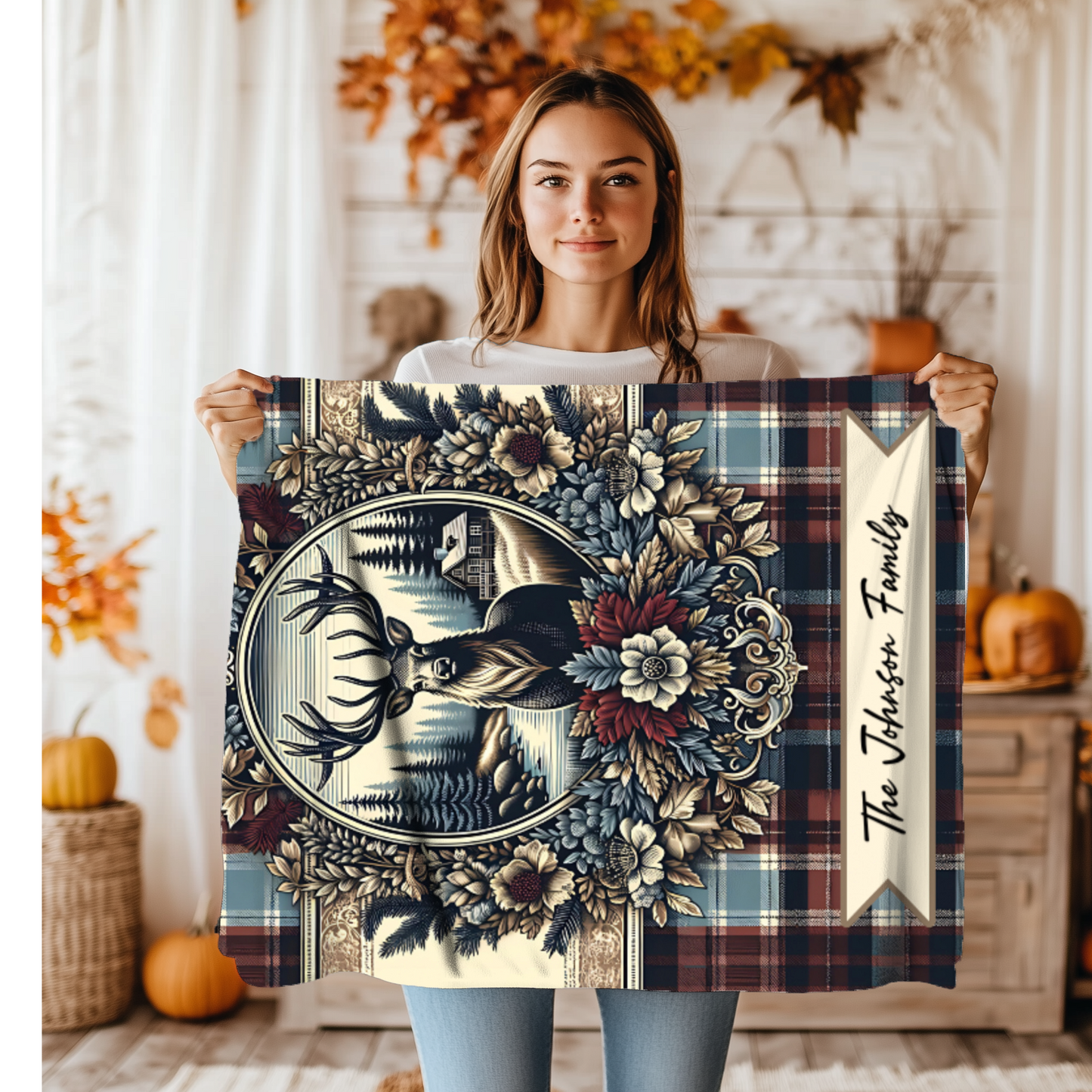 Personalized Buck Plaid Blanket – Custom Name Rustic Velveteen Throw