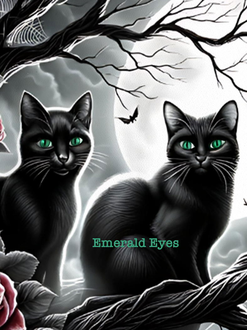Gothic Black Cats & Roses Velveteen Blanket — Emerald Eyes Moonlit Halloween Throw