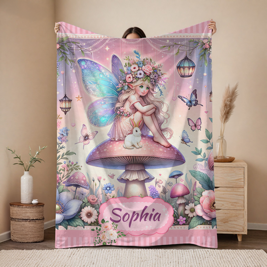 Personalized Fairy Blanket for Girls – Custom Name Velveteen Throw with Bunny & Mushroom Garden, Magical Gift for Kids