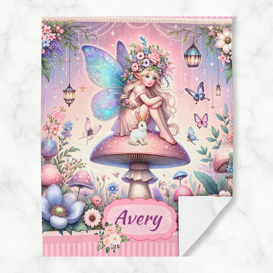 Personalized Fairy Blanket for Girls – Custom Name Velveteen Throw with Bunny & Mushroom Garden, Magical Gift for Kids