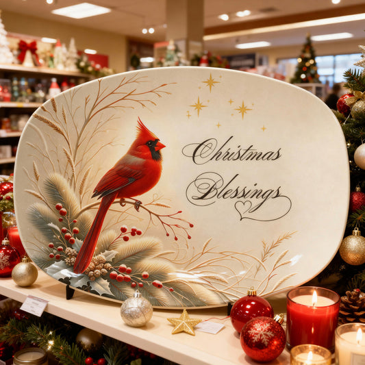 Christmas Blessings Cardinal Platter – Elegant Holiday Serving Dish for Heartfelt Gatherings or Gifting