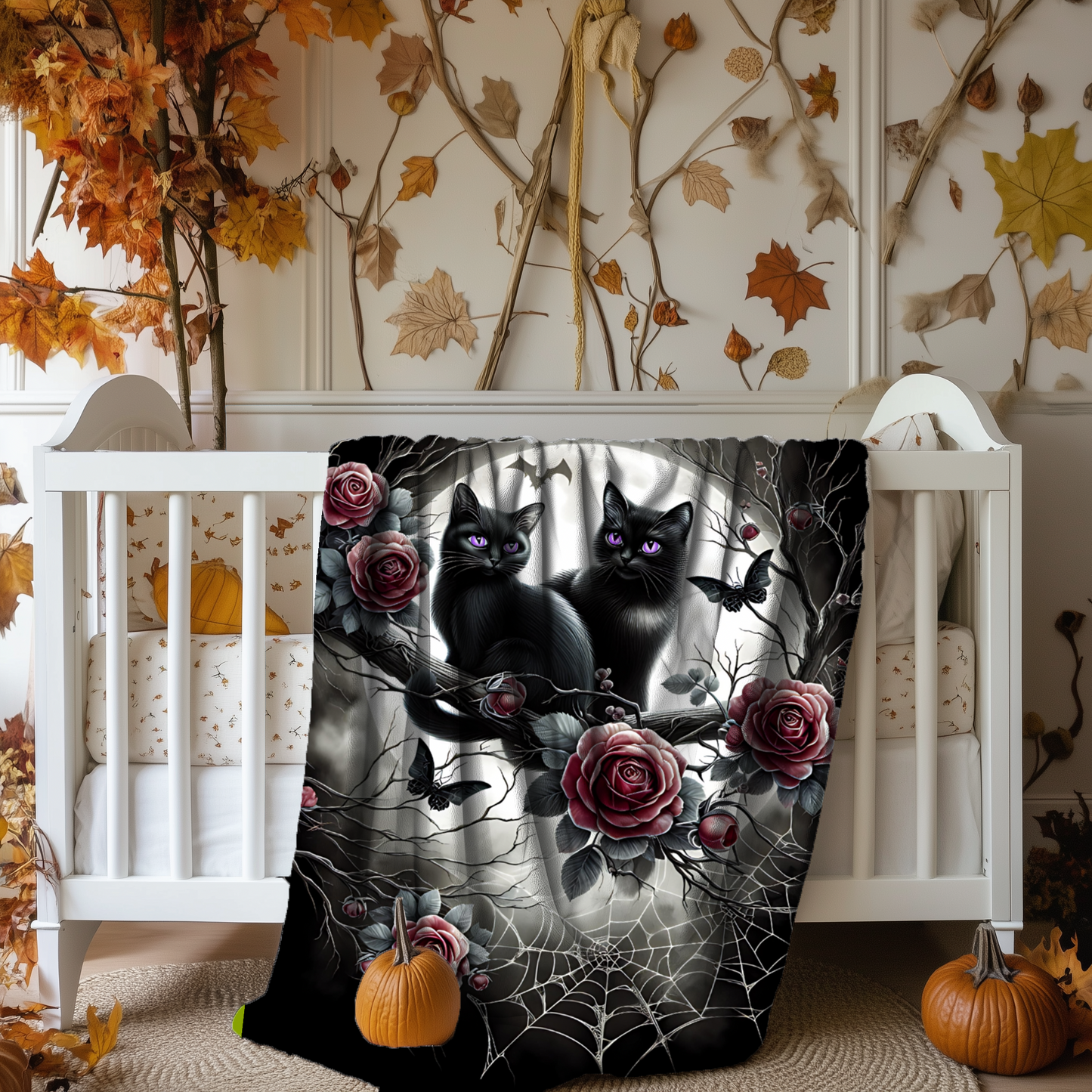 Gothic Black Kittens & Roses Velveteen Blanket — Amethyst Eyes Moonlit Halloween Throw