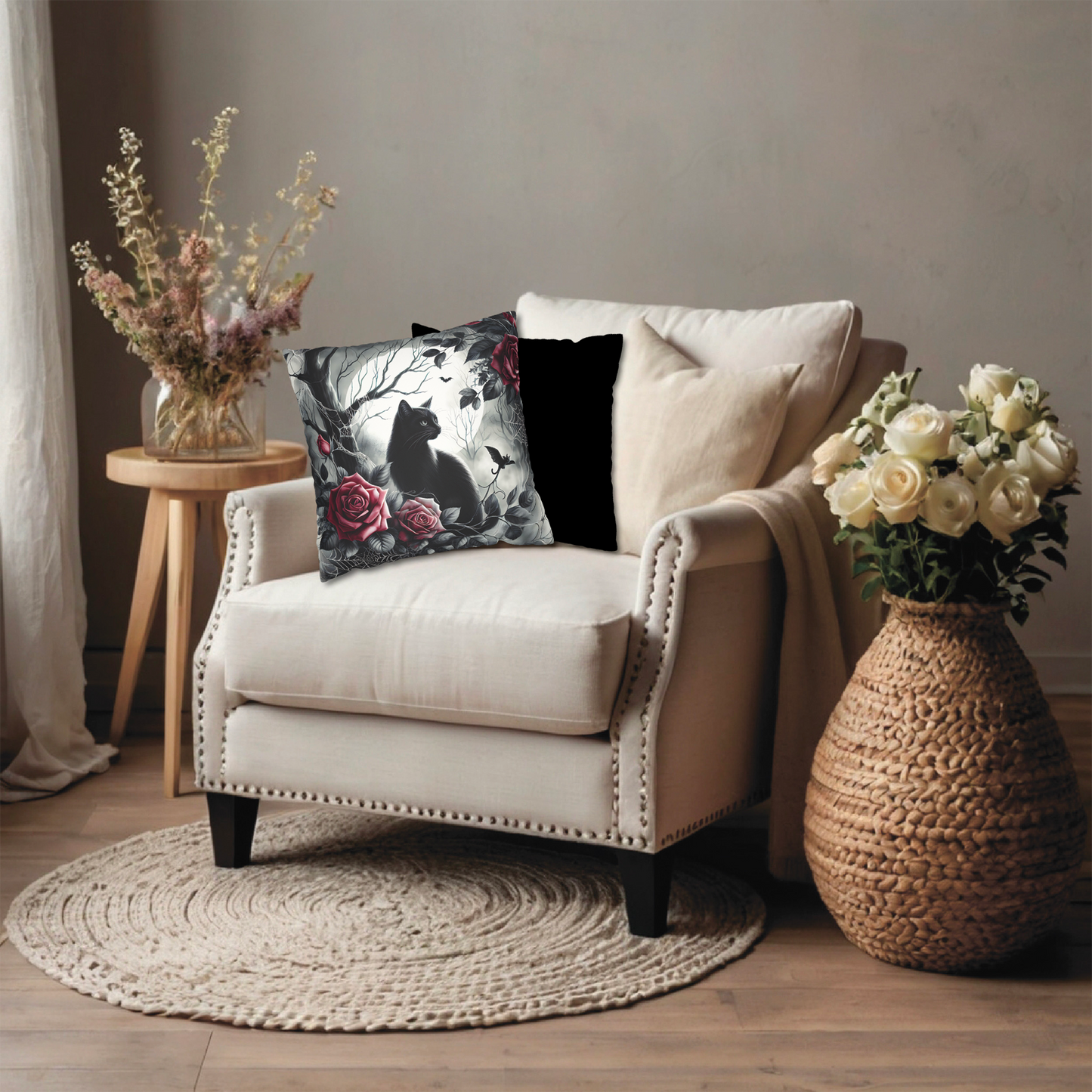 Gothic Black Cat & Roses Pillow Cover — Moonlit Faux Suede Throw Pillowcase