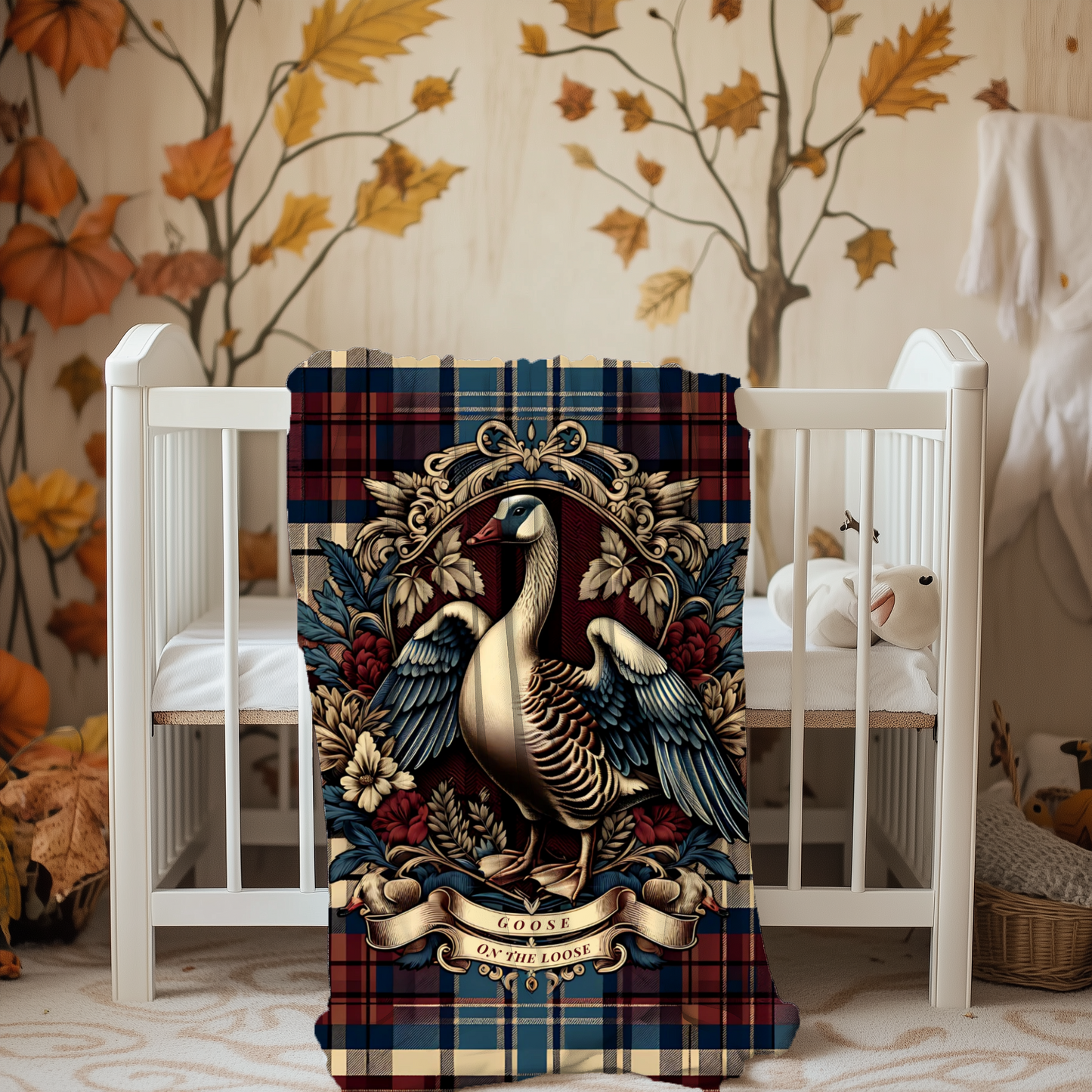 Goose on the Loose Blanket – Rustic Plaid Farmhouse Throw with Vintage Goose Design
