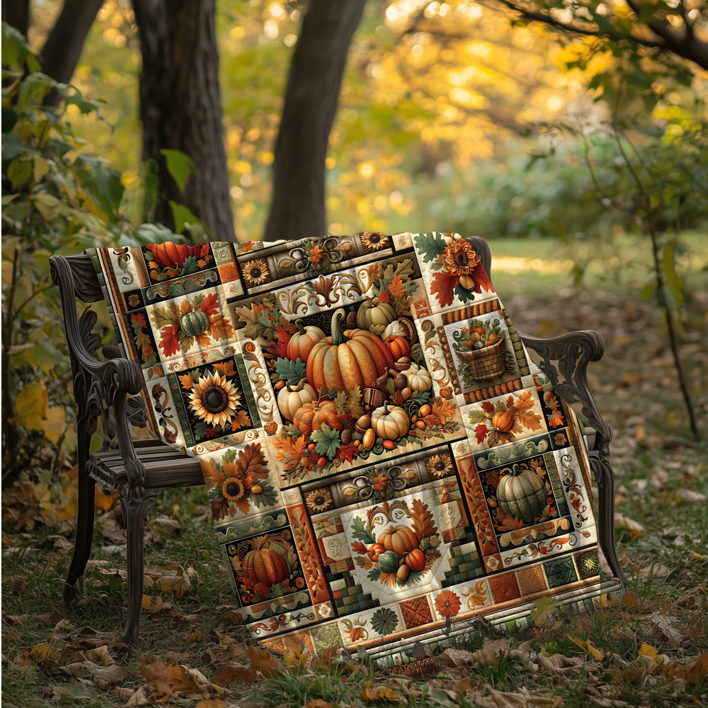 Harvest Patchwork Blanket Gift for Mom, Cozy Autumn Throw with Pumpkins, Sunflowers & Fall Leaves, Rustic Farmhouse Quilt Look, Host Gift