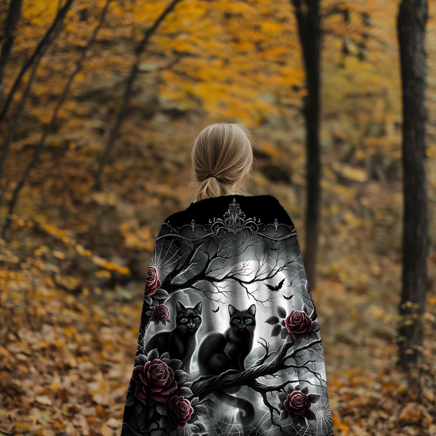 Gothic Black Cats & Roses Velveteen Blanket — Emerald Eyes Moonlit Halloween Throw