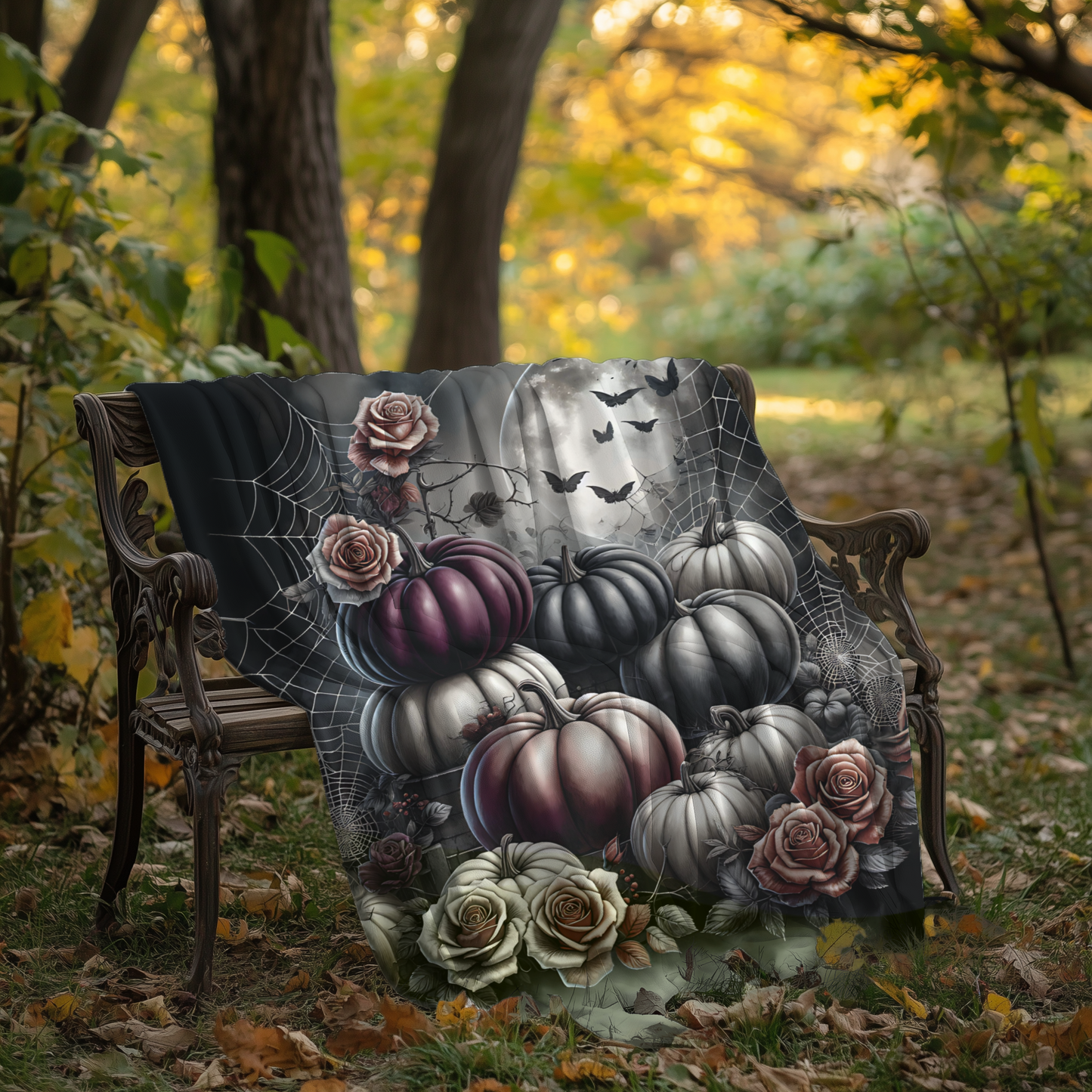 Spooky Gothic Pumpkin and Roses Velveteen Blanket, Elegant Halloween Decor