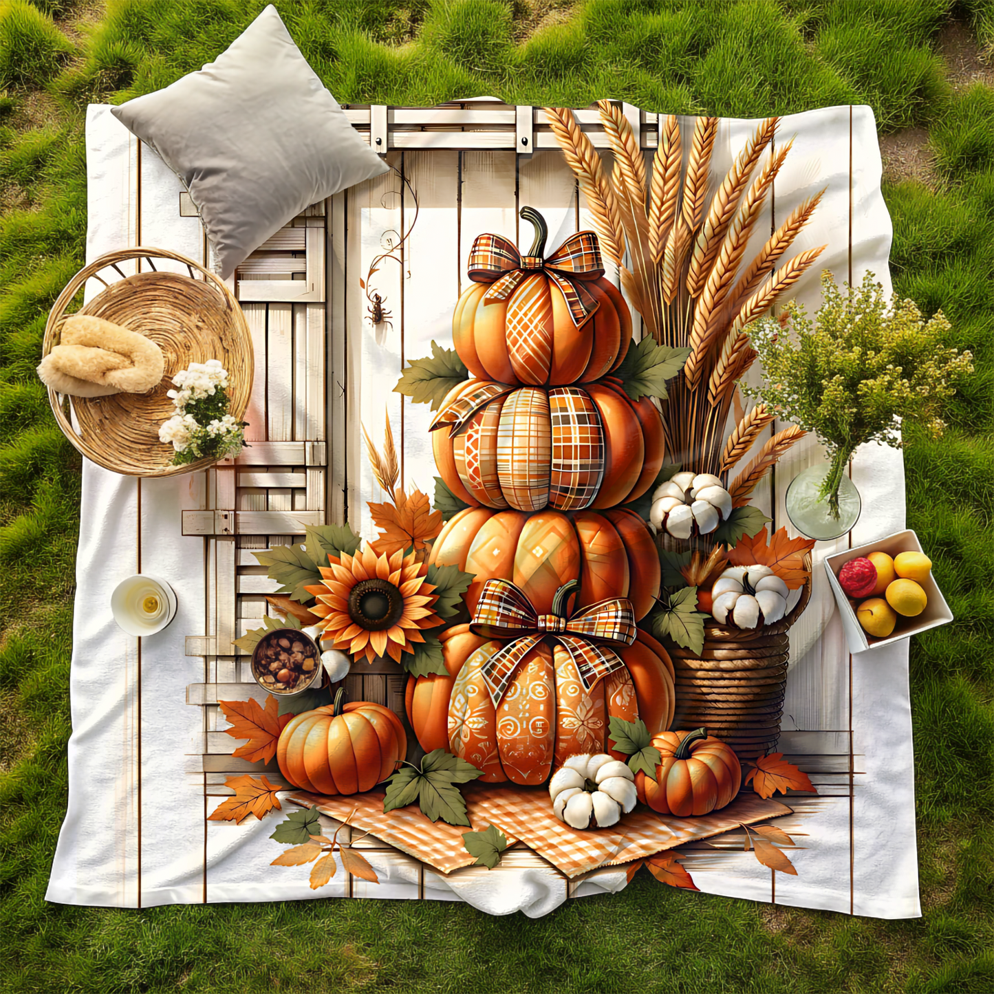 Farmhouse Fall Pumpkin & Sunflower Blanket - Cozy Velveteen Throw (50x60 or 60x80)
